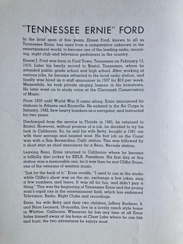 RAR Tennessee Ernie Ford Songs Original Vintage Songbook Fifties in Möckmühl