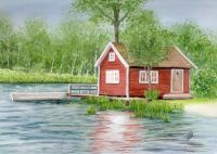 Aquarell DIN A5 Bild Aquarelldruck Schweden Haus am See Niedersachsen - Delmenhorst Vorschau