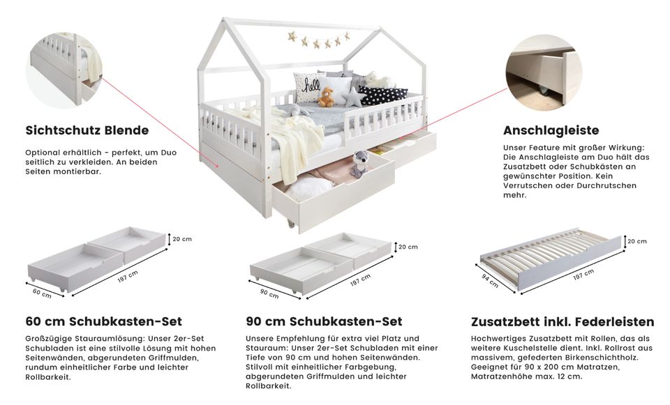 Kinderbett Hausbett "Duo" Kiefer massiv Weiß / Natur / Grau in Kirchlengern