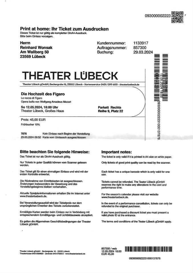 Die Hochzeit des Figaros , 2 Karten, Theater Lübeck, , 12.05. in Lübeck
