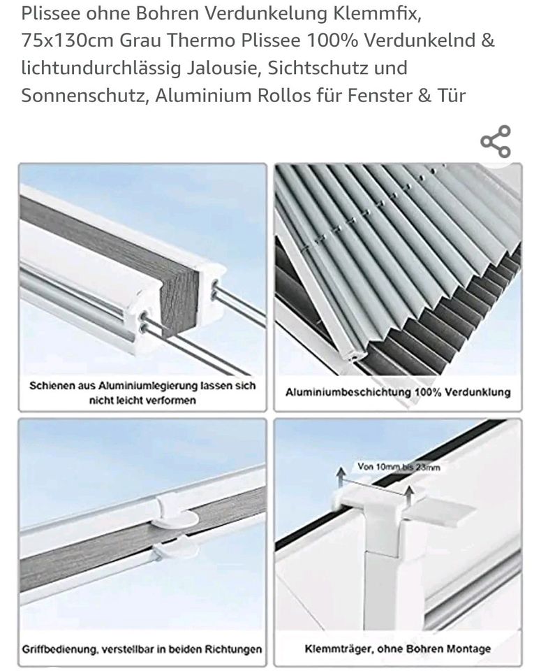 Plissee Verdunklung Klemmfix 75x130cm grau in Gustow