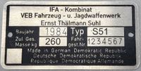 Typenschild für Simson S50 S51 Plakette 260kg IFA VEB, Gravur Sachsen - Jöhstadt Vorschau