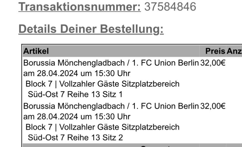 2 Karten Gästeblock Borussia Mönchengladbach Union Berlin 40€ !!! in Berlin
