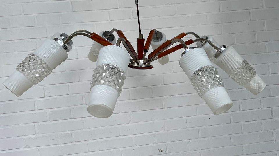 Mid-Century Teak Kronleuchter 50er 60er Chrom Lampe Vintage in Hamburg