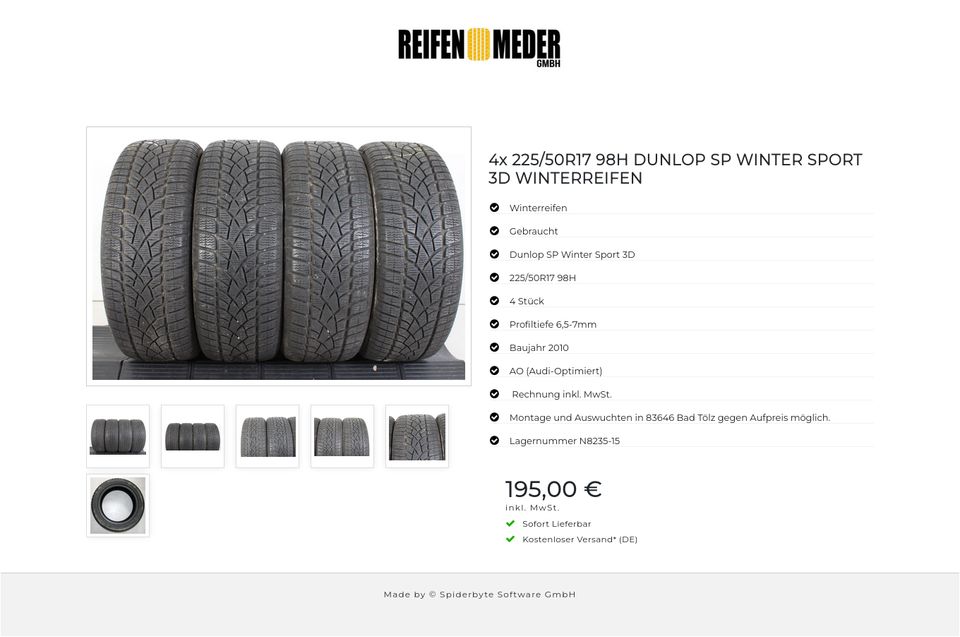 4x 225/50R17 98H DUNLOP SP WINTER SPORT 3D WINTERREIFEN #1GJM in Bad Tölz