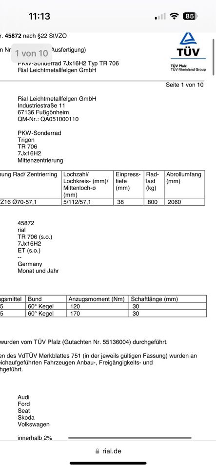 VW T4  Alufelgen 16 Zoll Gutachten 800kg! Rial in Mühlhausen