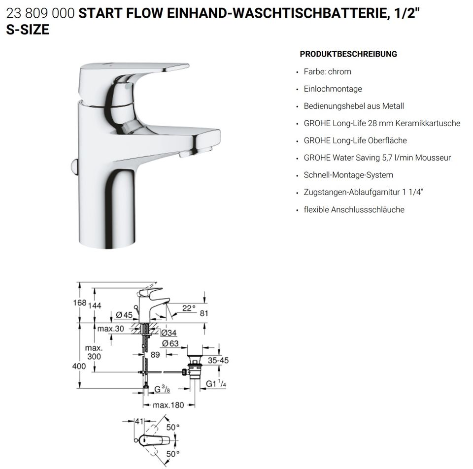 Grohe Start Flow S-Size Wasserhahn Waschtischbatterie Amatur in Pouch (Muldestausee)