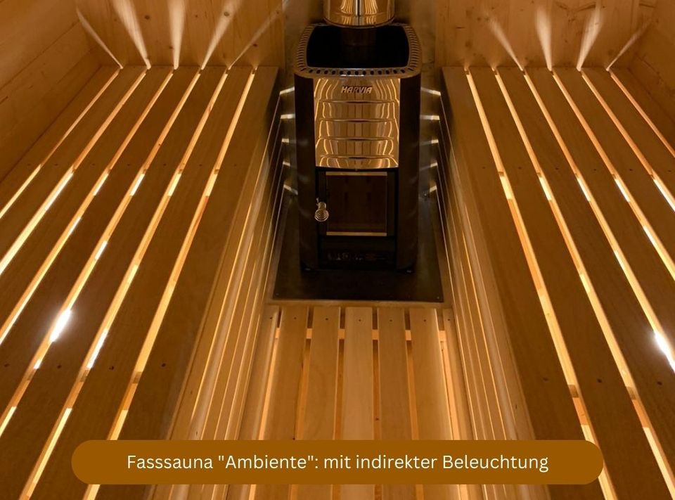 Fasssauna "Ambiente" mit Holzofen [2,5m, fertig montiert] in Neuried