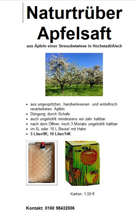 Apfelsaft von Äpfeln einer Streuobstwiese in Höchstadt