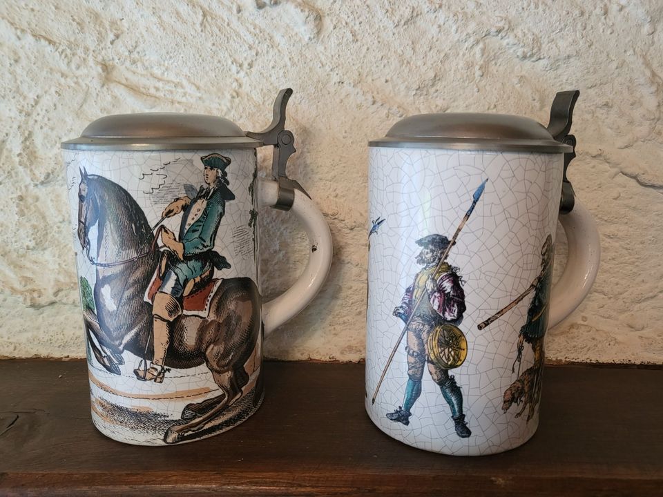 Bierkrüge Porzellan Zinndeckel - Soldaten u. Reiter 1484 Flandern in Kleinblittersdorf