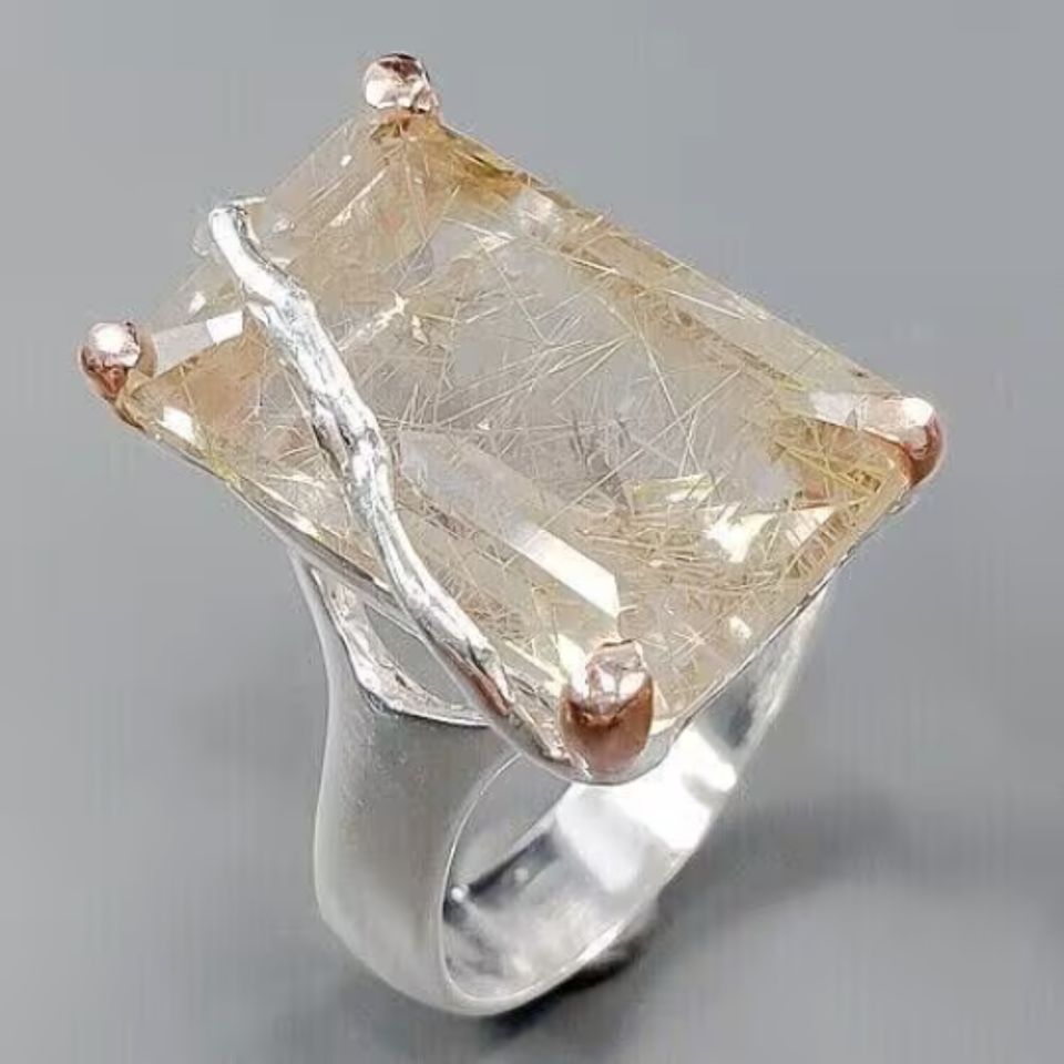 Designerring 925er -14ct Gold - Quarz-Rutil - Fäden RG 19 - 60 in Nettersheim