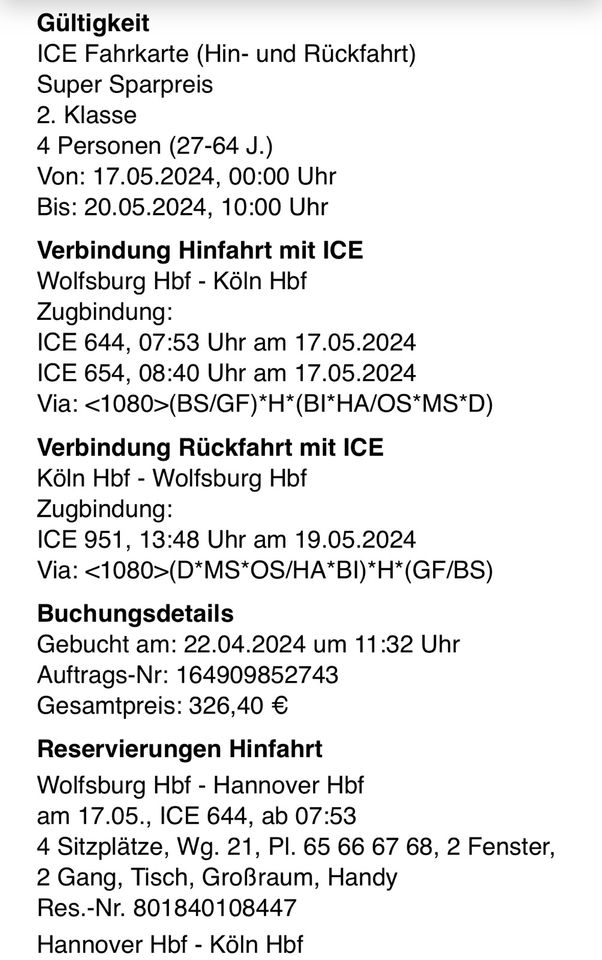 Zugticket Wolfsburg-Köln am 17.05.24 in Helmstedt