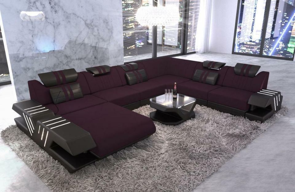 Stoff Sofa Wohnlandschaft Venedig XXL Couch mit Ottomane LED in Berlin