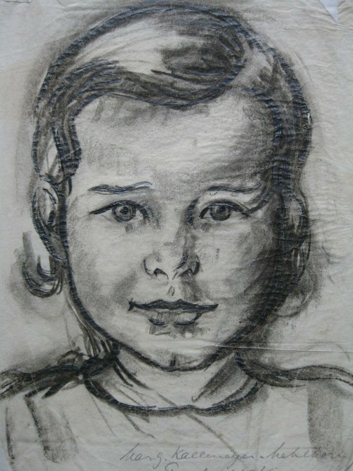 Hübsche original Zeichnung "Kinder-Portrait" Kohle/Bleistift alt in Heiningen