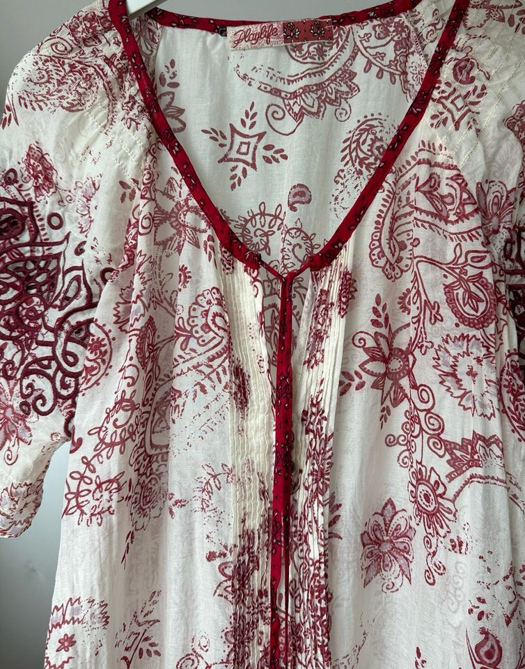 Playlife by Sisley Bluse Tunika Seide Creme Rot Bordeaux Muster S in München