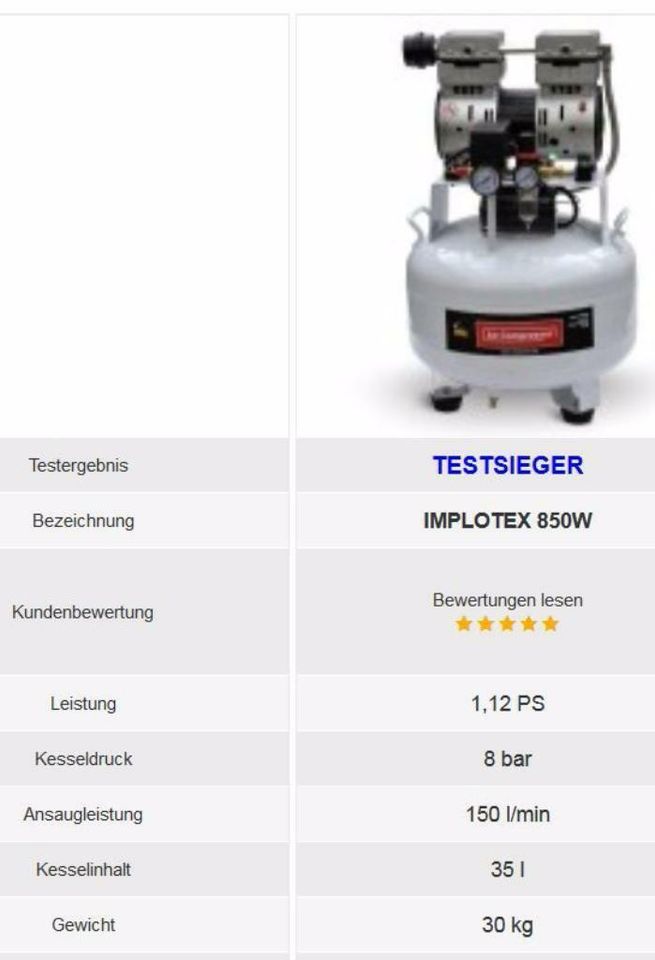 850W Flüster Druckluftkompressor - 55dB leise 7% Rabatt IMPLOTEX in Wurmberg