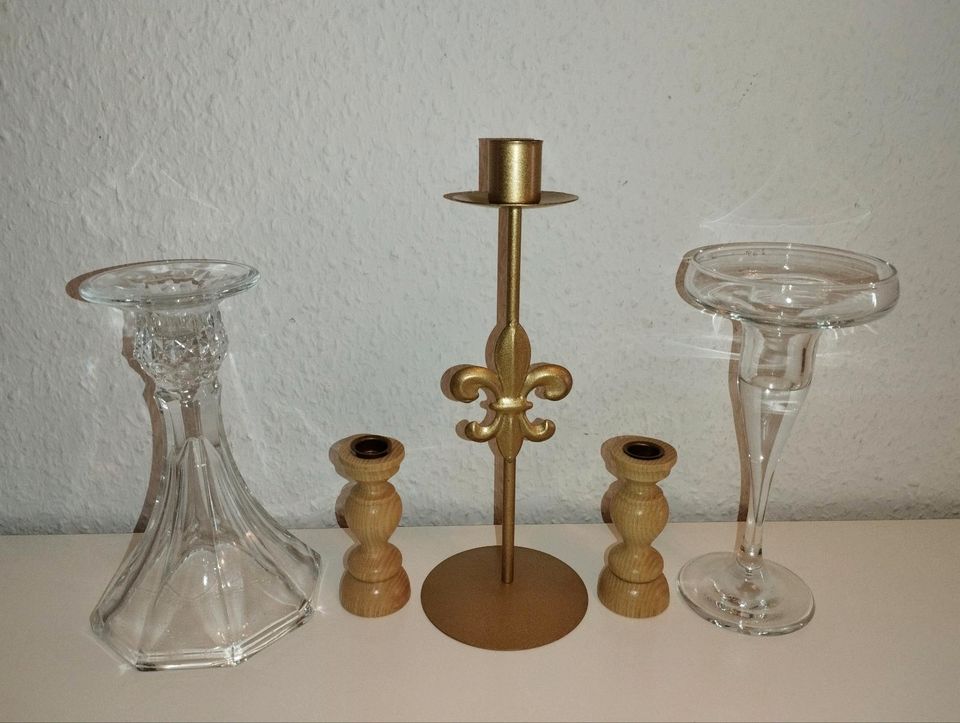 Kerzenhalter Glas 17 cm hoch,Metall Gold 20,Holz gedrechselt 8 in Schöneberg i. Westerwald