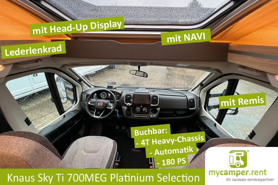Deluxe Wohnmobil mieten Knaus Sky Ti 700MEG Platinum Selection Autark Solar - Automatik 9-Gang mit 180 PS Diesel - Dachklima- - Raumbad - Längsbetten - Sat und Smart TV VOLL auch als 4T in Kerken