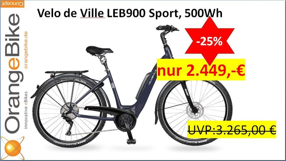 Pedelec Velo de Ville LEB900 Sport - statt UVP 3.265,- € - Wave 27,5“, Bosch Perf. CX 500Wh, 9 Gang, City, Trekking „OrangeBikeConcept Karlsruhe E-Bike Pedelec Elektro Fahrrad“ 5576 in Karlsruhe