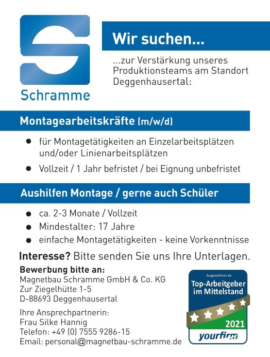 Aushilfskräfte Fertigung / Mitarbeiter Montage (m/w/d) in Deggenhausertal