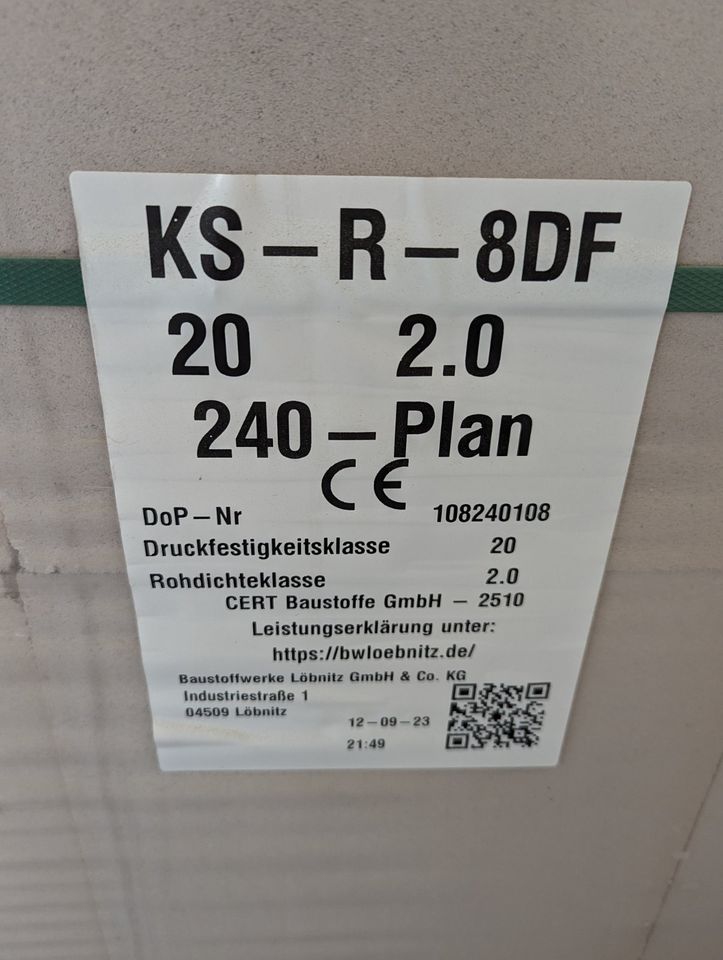 Kalksandstein KS-Vollstein Planstein 8DF 248 x 240 x 248 mm 20-2.0 Plan Mauerstein Mauer Ziegel Wand Dünnbettmörtel in Leipzig