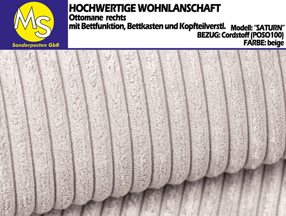 Sofa Couch Wohnlandschaft U Form Bettfunktion-Bettkasten Cord bei in Mettingen