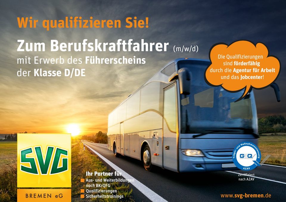 *11.03.2024* Weiterbildung zum Busfahrer/in mit Führerschein D/DE in Bremen