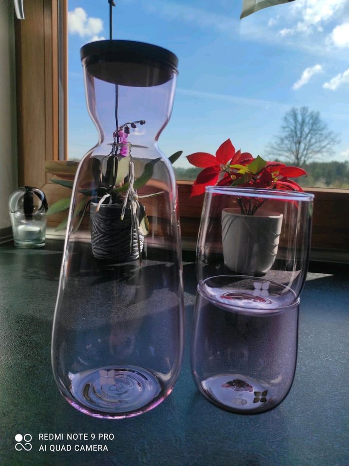 Waterdrop Karaffe + Bambusdeckel, 2 Gläser rosa transparent, Set in Roding