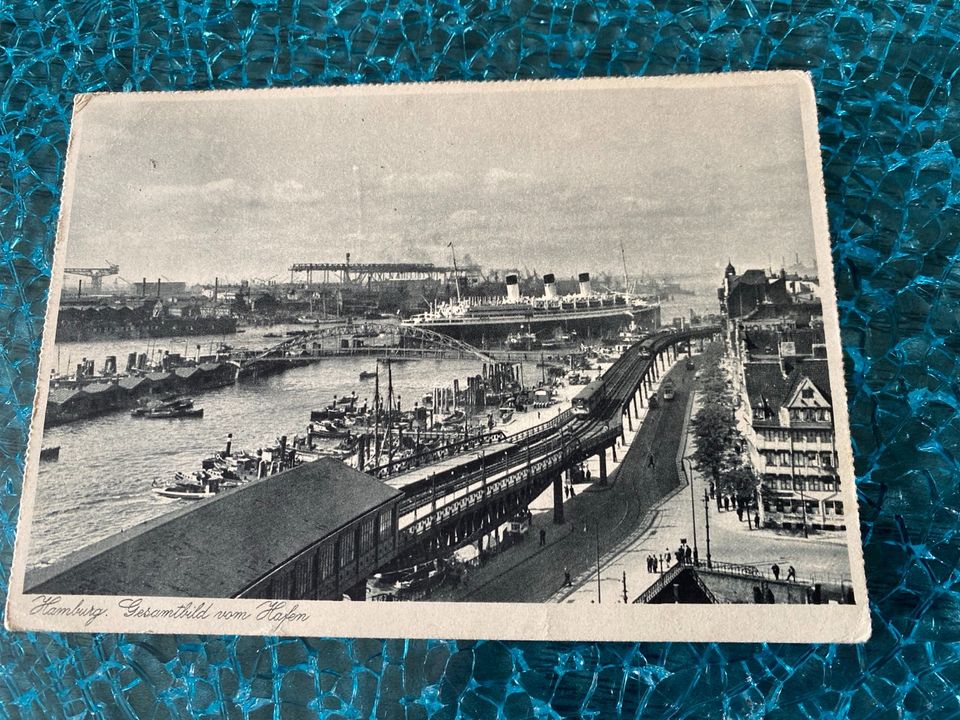 Alte Postkarte Hamburg, Gesamtansicht vom Hafen , 1932 in Rehau