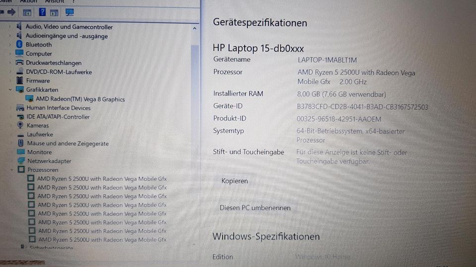 Laptop hp 15-db0205ng. AMD RYZEN 5/VEGA 8 2GB/SSD+HDD/FHD/8GB RAM in Düsseldorf