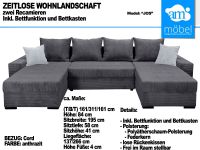 Sofa Couch Wohnlandschaft U Form Bettfunktion-Bettkasten Cord gra Bremen - Huchting Vorschau