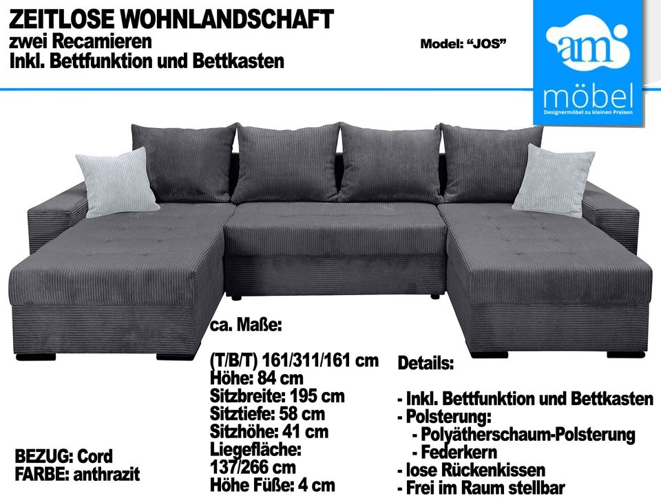 Sofa Couch Wohnlandschaft U Form Bettfunktion-Bettkasten Cord gra in Bremen