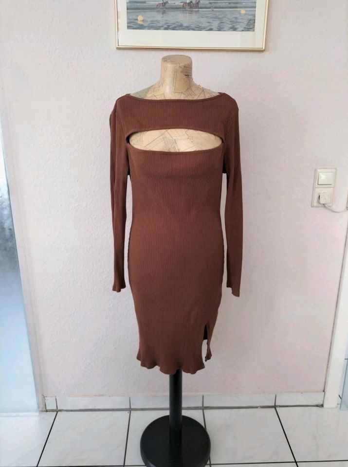 Bodycon-Kleid gerippt braun Keyhole Ripp Längsripp Ausschnitt in Schwieberdingen