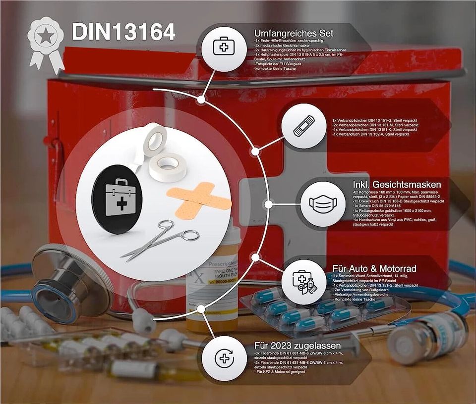 autogadget® 1x Auto Verbandskasten - Neue Norm 2023 -DIN 13164 in