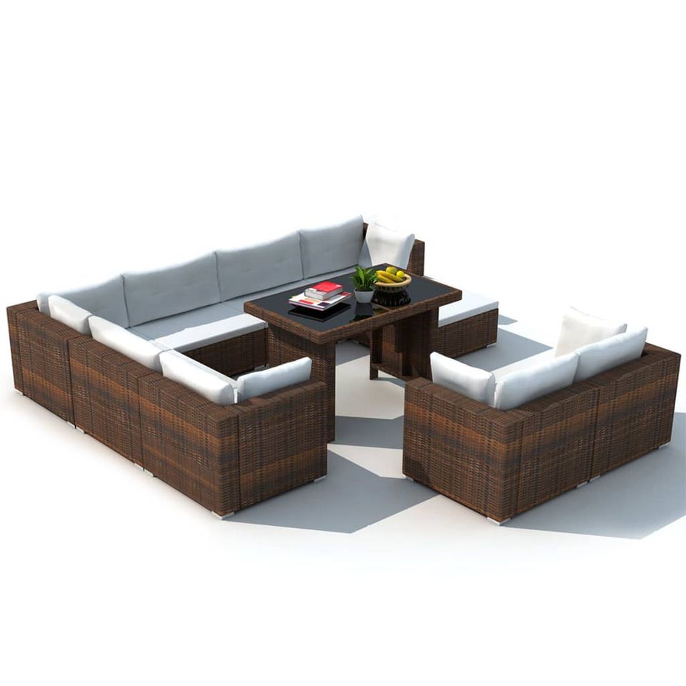 10-tlg. Garten-Lounge-Set mit Auflagen Poly Rattan Braun in Bad Kissingen