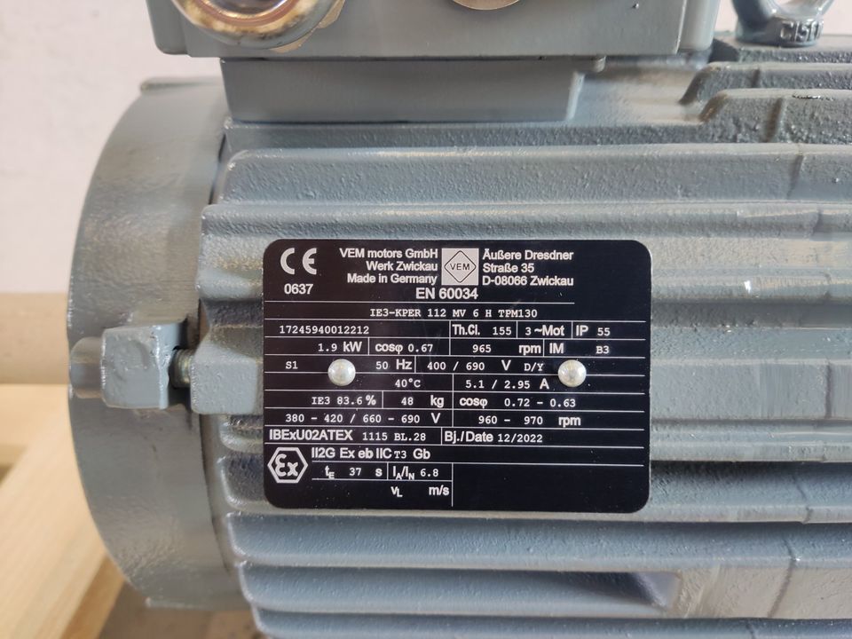 VEM Drehstrommotor IE3-KPER 112 MV6 Ex eb IIC T3 TPM.4/7. 1,90 kW in Hannover