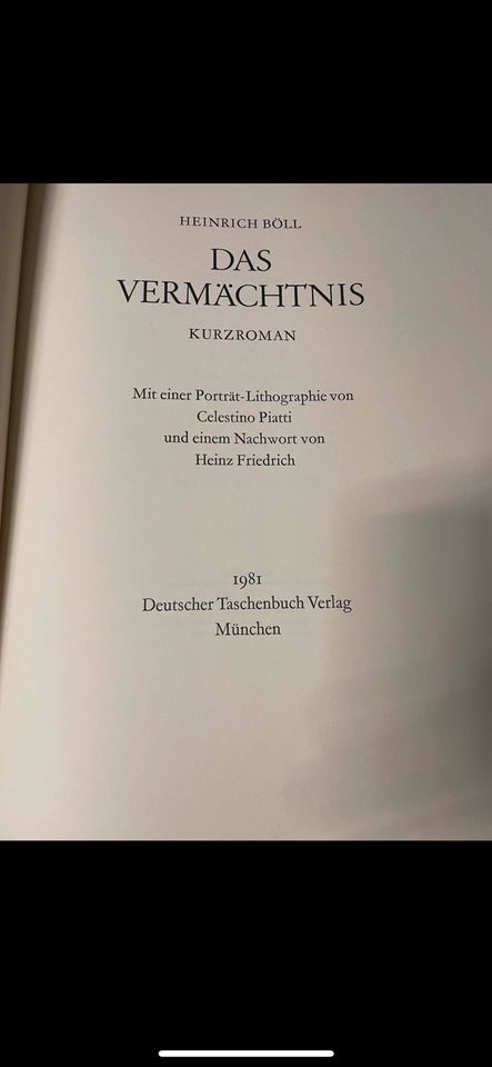 Böll Heinrich/Piatti Celestino/Das Vermächtnis/Signi.Exempl. RAR in Wachtberg