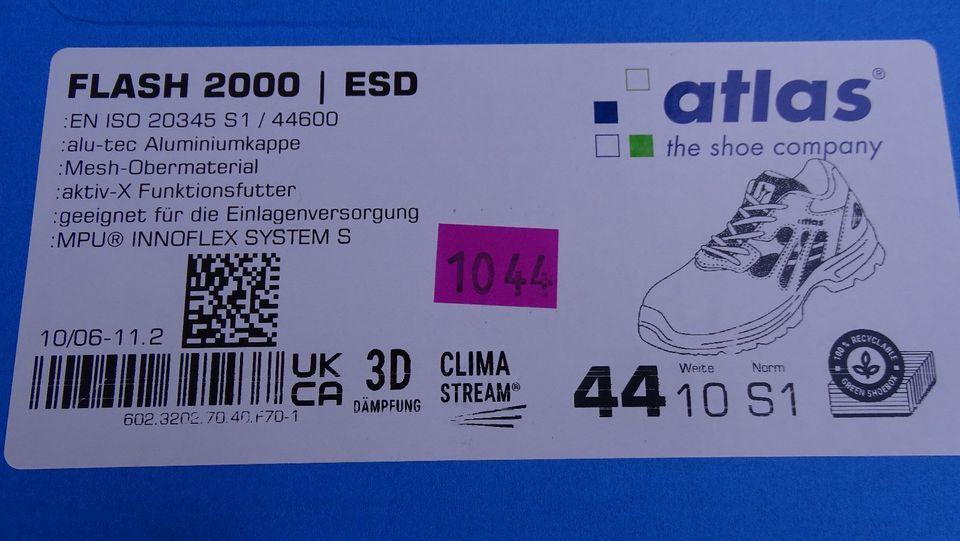 Atlas Sicherheitsschuhe S1 Flash 2000 ESD (Größe 44) NEU in Ingolstadt