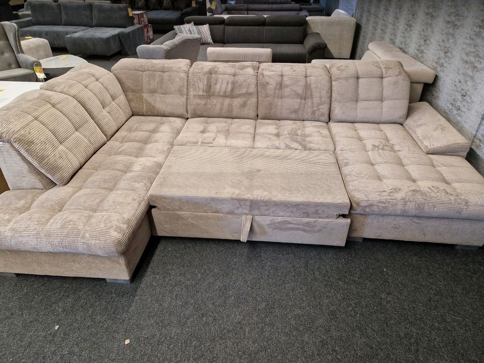 Sofa Wohnlandschaft XXL-U-Form in Cord Braun mit  Schlaffunktion und 2xBettkasten Möbel Wurm WIR LIEFERN DEUTSCHLANDWEIT in Osnabrück