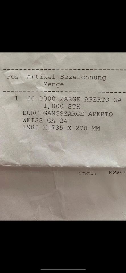 Zarge Tür Durchgangszarge Weiß 1985 x 735 x 270 mm NEU in Voerde (Niederrhein)