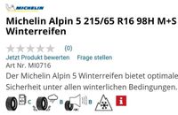 WINTERREIFEN 215/65 R16 MICHELIN Alpin 5 wie NEU ! Nordrhein-Westfalen - Bünde Vorschau