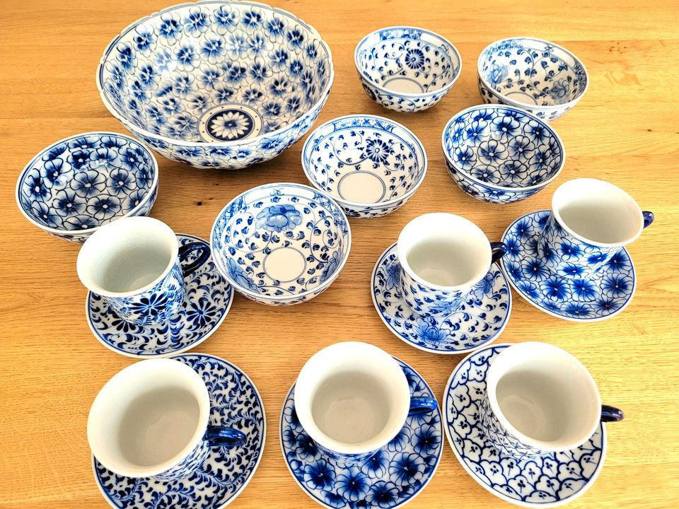 Kaffee Mokka Teeservice Asien Keramik Porzellan blau 17-tlg in Jüchen