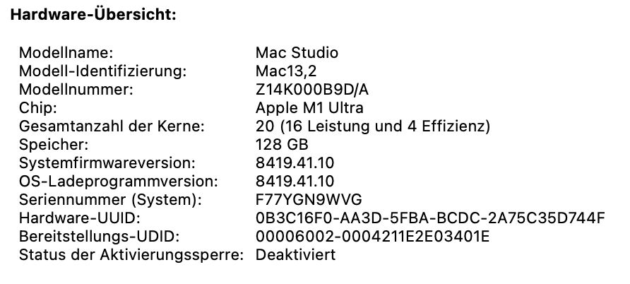 Apple Mac Studio M1 Ultra, 128GB RAM, 2TB Speicher, 20C/64C in Hamburg