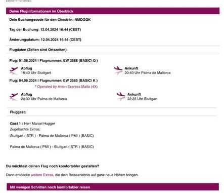 Flug STR - PMI Hin & Rückflug 1.08.-4.08.24 in Altshausen