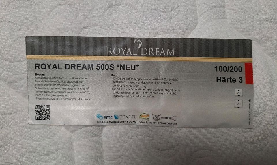 Kaltschaum 7 Zonen Matratze Boxspring ROYAL DREAM 500S  100x200 in Himmelpforten