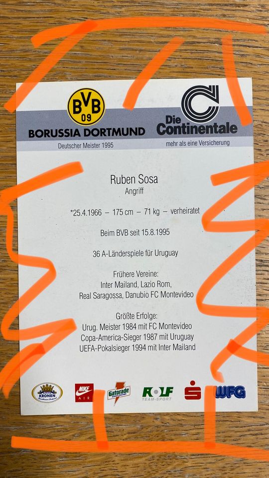 Autogramm & -karte BVB Ruben Sosa Meister-Edition 1995/1996 in Köln