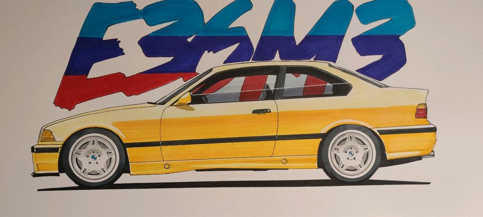 BMW E36 m3 Coupe gelb Motorsport Unikat selbstgemaltes Bild in Friesoythe