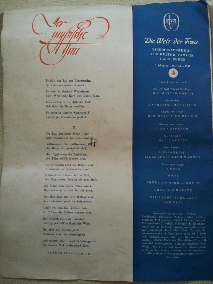 Historisch alte Zeitschrift Die Welt der Frau Dez. 1947 Heft 4 in Sinsheim