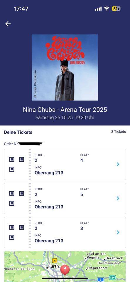 3x Sitzplätze für Nina Chuba in Nürnberg, am 25.10.2025 in Sonneberg