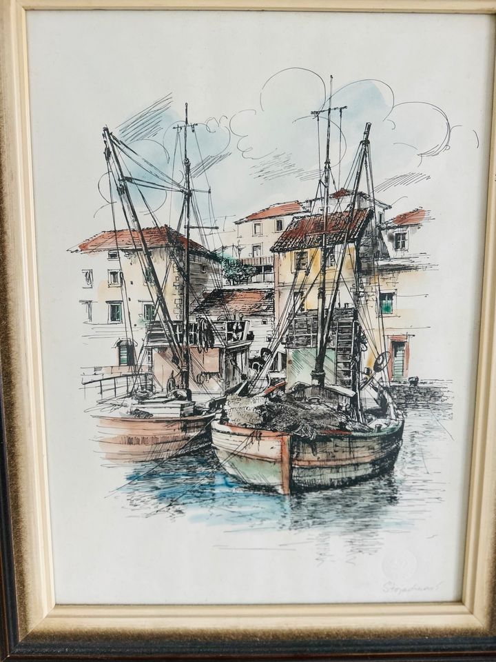 Original Gemälde „Schiffe im Hafen“ (51 x 41cm) in Rüdesheim